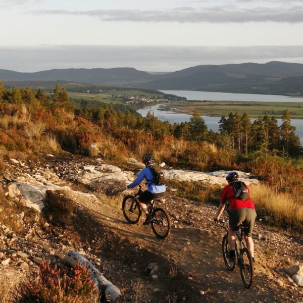 A COUPLE OF MOUNTAIN BIKERS ON THE BLACK ROUTE - PART OF THE BALBLAIR MOUNTAIN BIKE TRAILS (FORESTRY COMMISSION) NEAR BONAR BRIDGE, SUTHERLAND, SEPTEMBER 2008