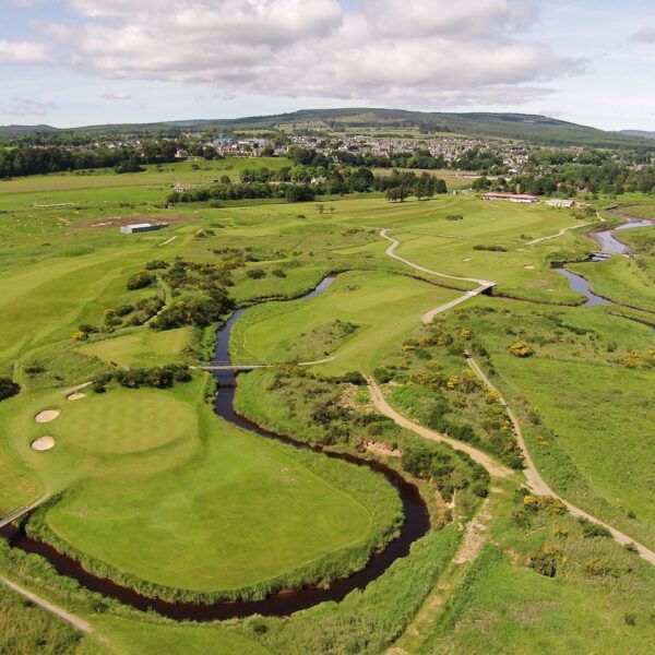 Aerial shot of burn flowing through Tain Golf Course