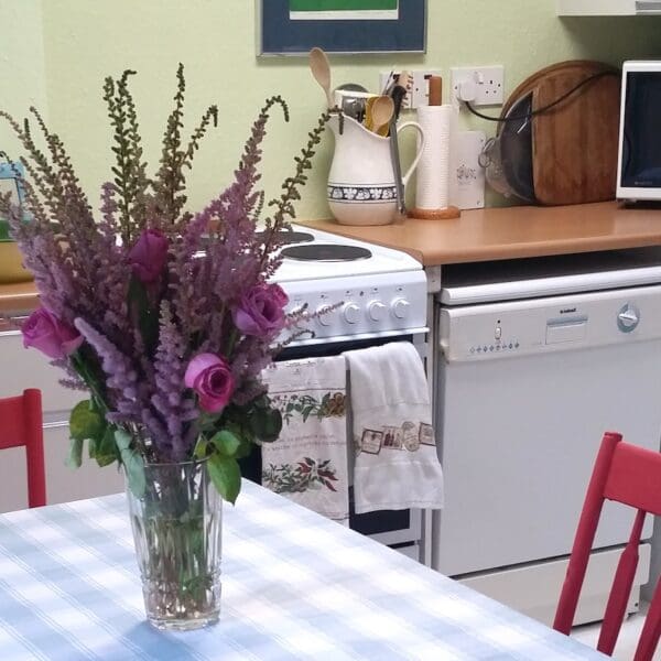 Kitchen of Gleann Gollaidh Dornoch, with blue and white checked table cloth, which kitchen units, and flower display on table