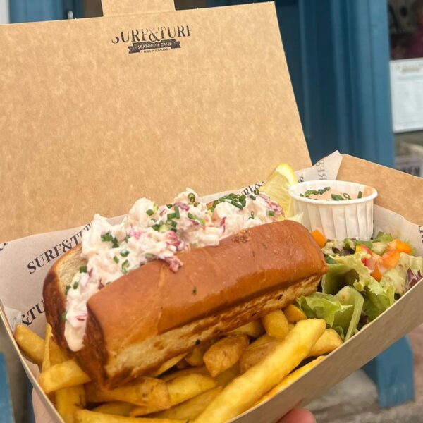 Lobster roll and chips, Surf&Turf Dornoch