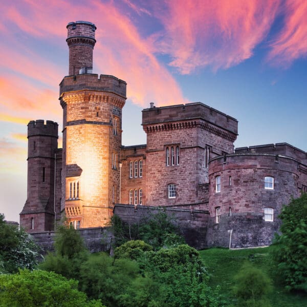 View of the castle of Inverness in Scotland at dramatic sunset