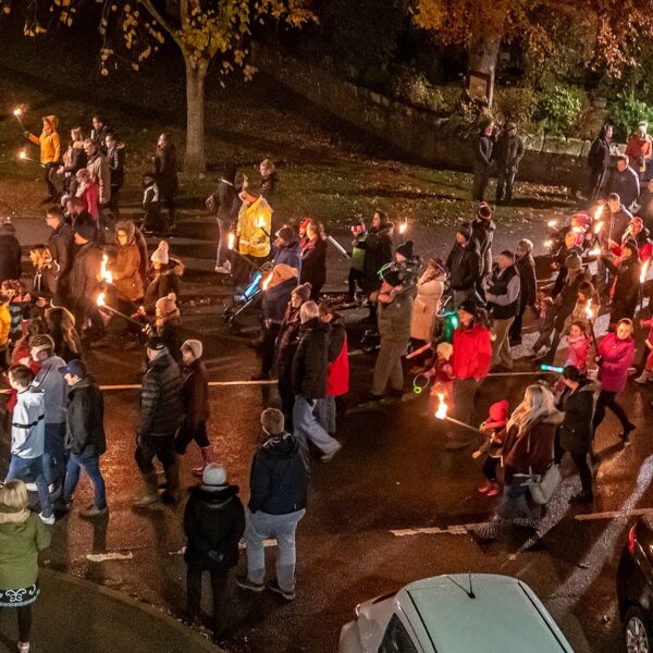 Aerial view of Torchlit parade, Dornoch on Bonfire Night