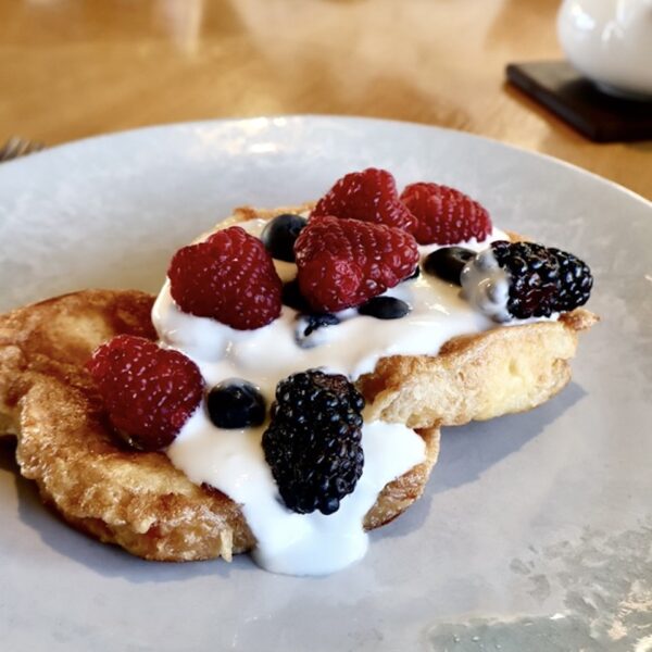 Breakfast pancake with yogurt and berries in Links House hotel Dornoch