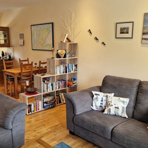 Open plan living area in Bird's Eye View apartment, dornoch