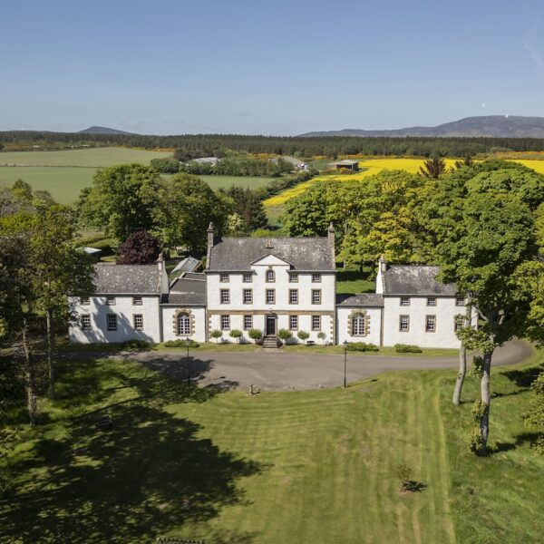 Aerial view of south facade, Embo House, Dornoch on sunny day