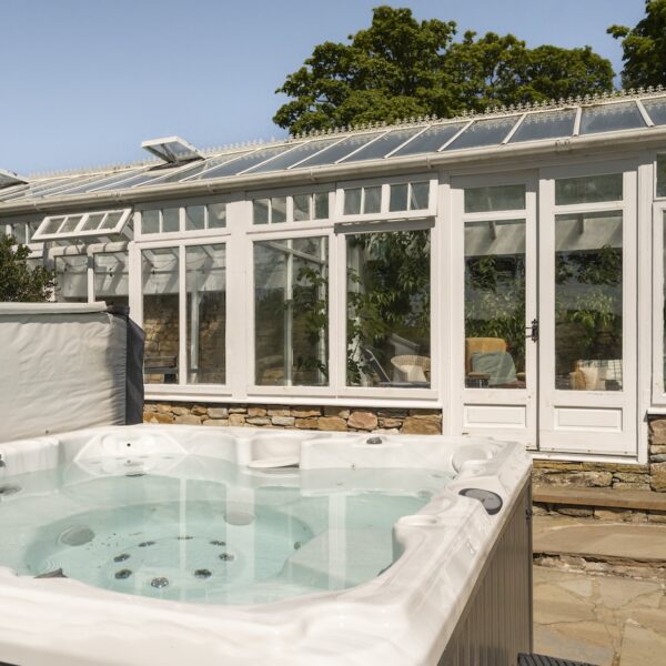 Hot tub and summer house in garden of Embo House, Dornoch