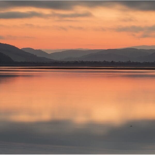 Sunset over Loch Fleet with heron in foreground, close to Farthingworth holiday rental home, Skelbo, Dornoch