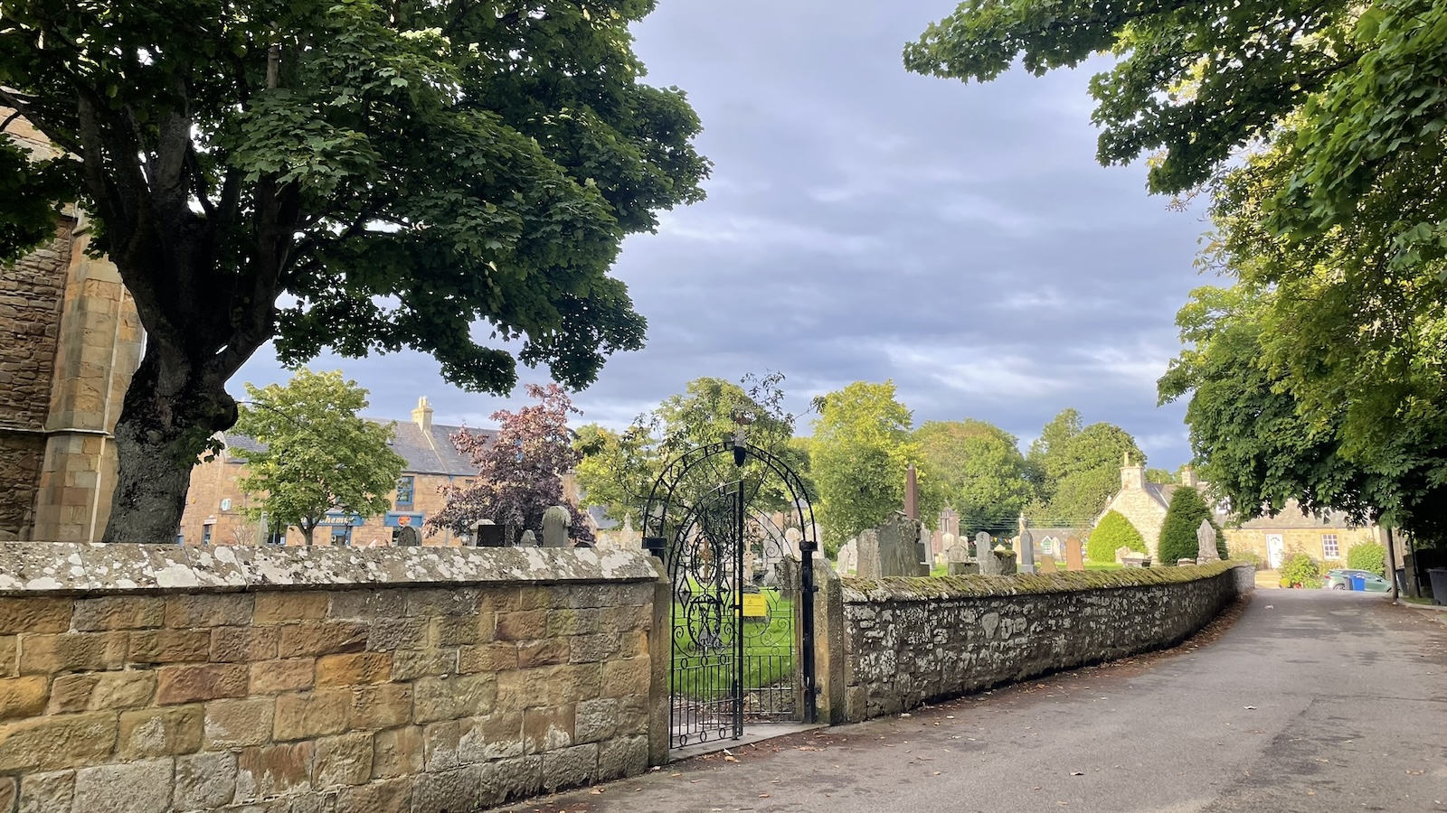 St Gilbert Street, Dornoch with view north across Cathedral graveyard towards High Street