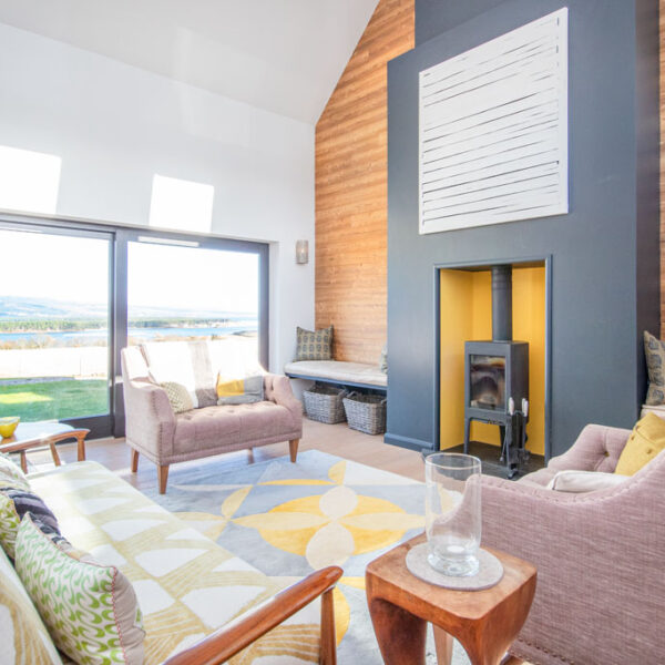 Living area in Oran Mor, self catering house in Skelbo, Dornoch with view north over Loch Fleet