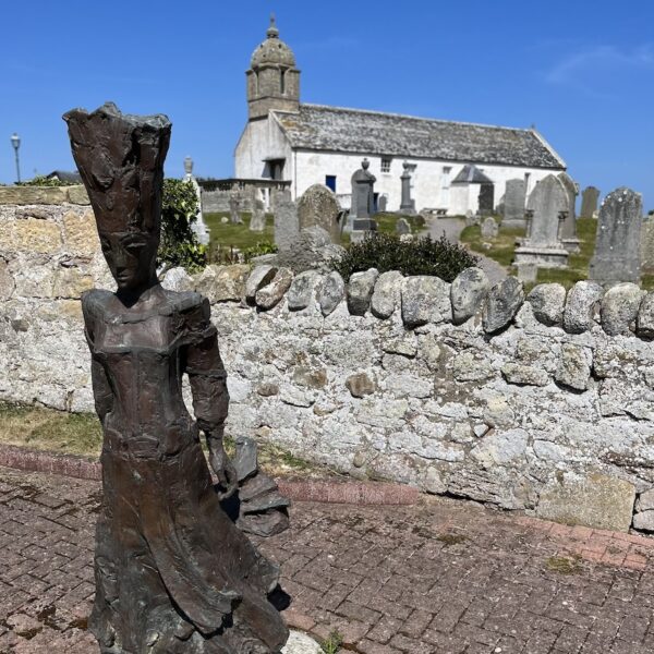 Statue of Pictish Queen, at entrance to Tarbat Discovery Centre, Portmahomack, Highland