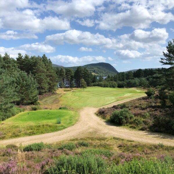 Fairway with heather and view of Migdale Rock, Ardgay Bonar Bridge golf club