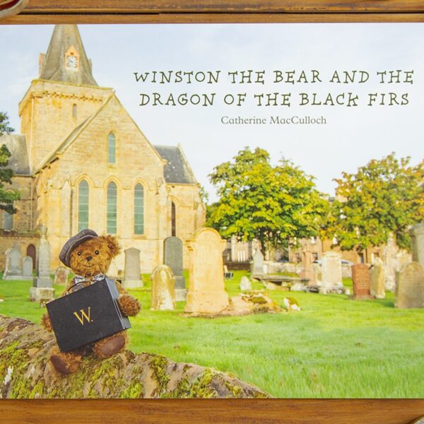 Front cover of Winston the Bear Children's Book with illustration of Dornoch Cathedral