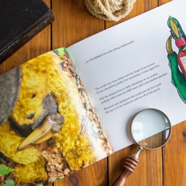 Interior pages of Winston the Bear book with magnifying glass