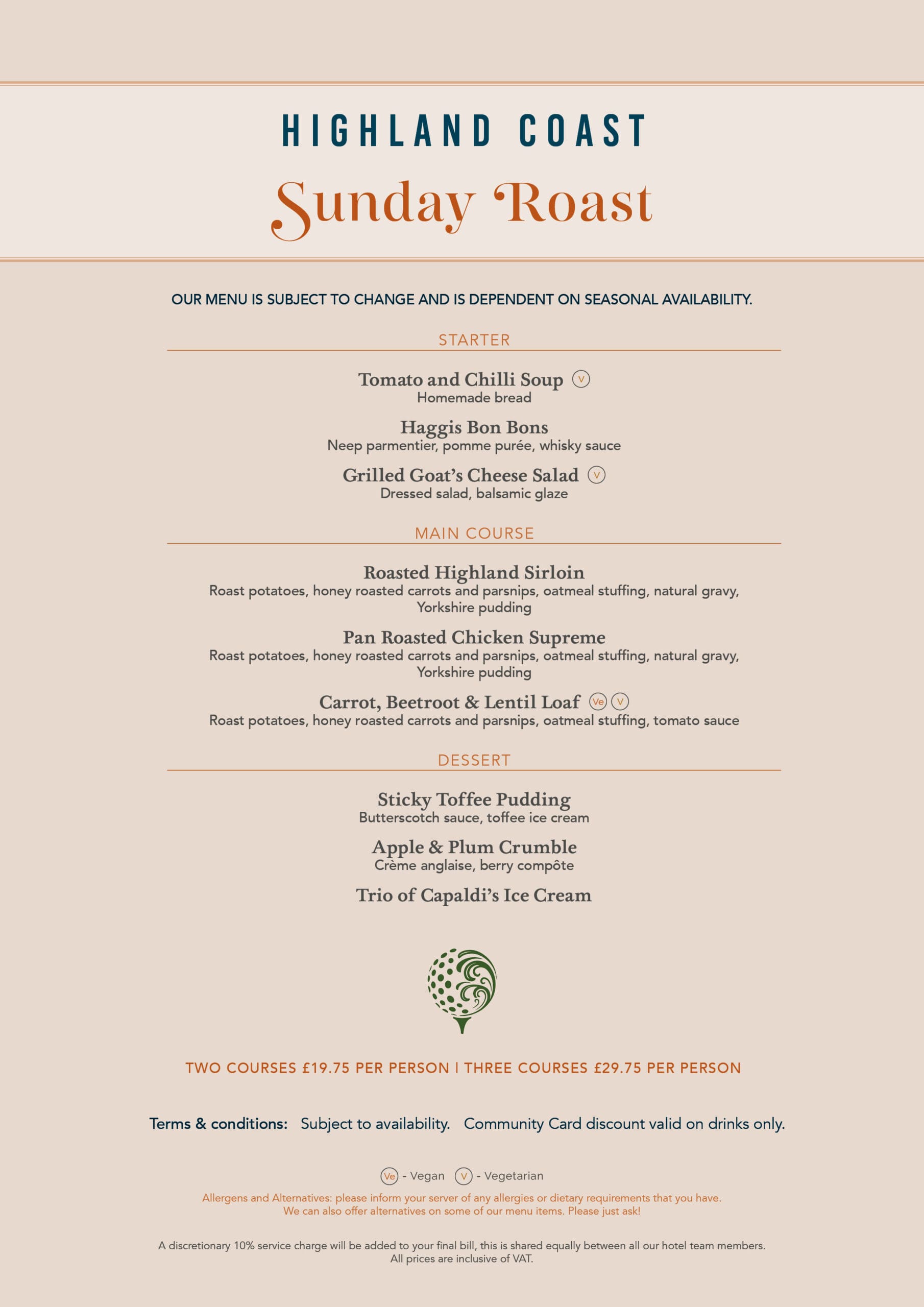 Sunday Roast menu for Royal Golf Hotel Dornoch