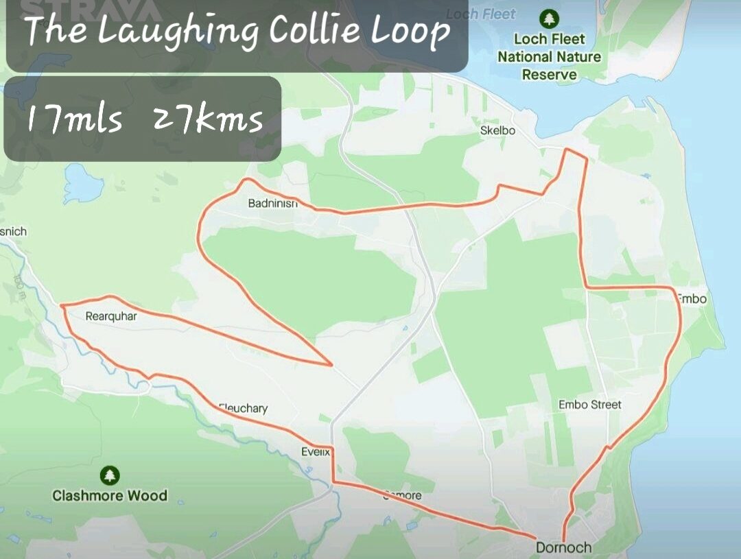 Map of cycle route from Dornoch to Skelbo, Badninish, Rearquhar and back to Dornoch